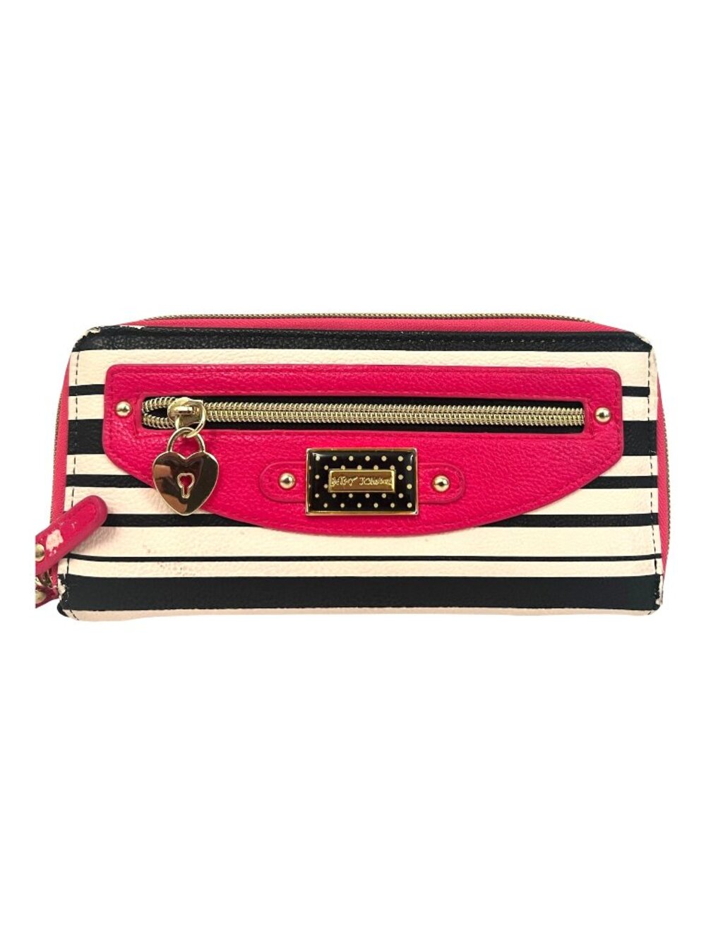 Betsy Johnson Black White Hot Pink Striped Double Zip Wallet Heart Charm CC Slot